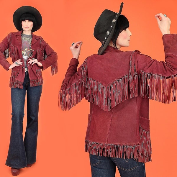 Women's Vintage Fringe Leather Jacket, Red Suede Leather Jacket, Ladies Leather jacket, Fringe Jacket, Western Jacket- Gifts for her