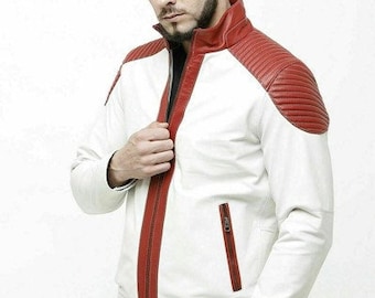 May include: A white leather jacket with red accents. The jacket has a zipper closure and a stand-up collar.