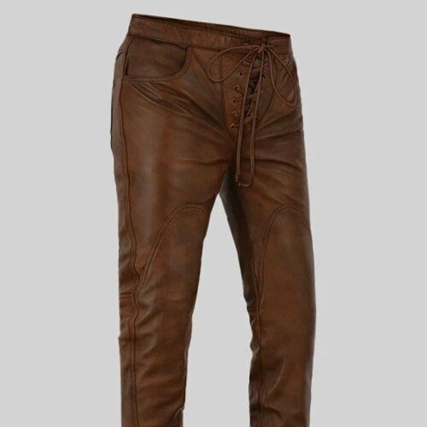 Vintage Brown Men Biker's Leather Trousers / Genuine Natural Cowhide Slim Fit Pant / Motorcycle Pant / Gift for Him