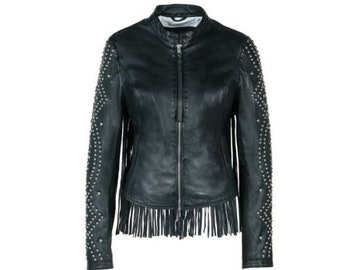 May include: Black leather jacket with silver studs and fringe detailing. The jacket has a zipper closure and a stand-up collar.