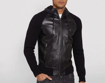 Mens Leather Jacket Black Hand Made Real Leather Vintage Style Jacket For Men / Hoodie Jacket