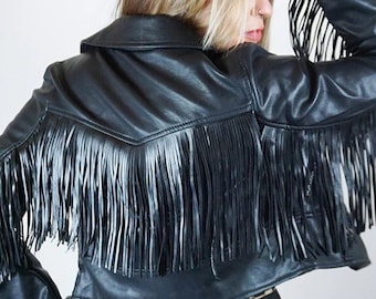 Women's Black Genuine Leather Fringe Jacket, Handmade Women's Black Lambskin Soft Leather Fringed Jacket, Festival Jacket, Gift For Her