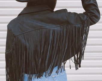 Women's Black 100% Genuine Pure Soft Suede leather Fringe Jacket, Midwest Western Style Fringe Jacket, Party Jacket, Christmas Gift For Her