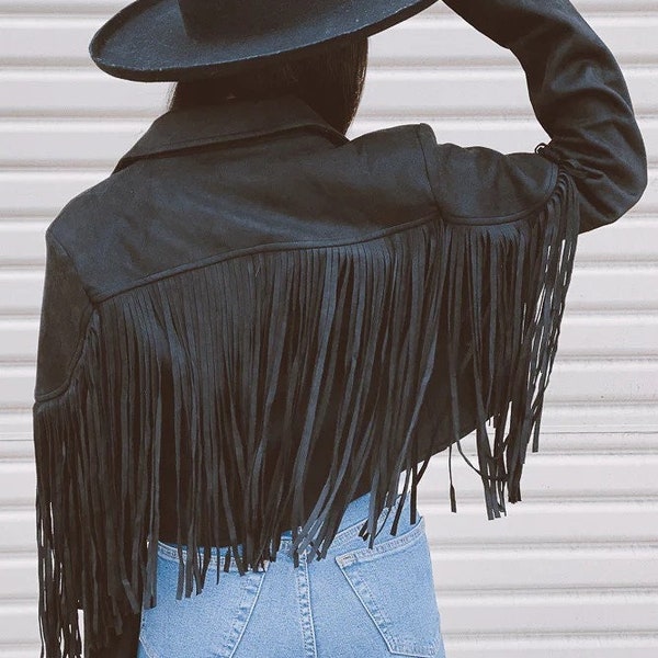 Women's Black 100% Genuine Pure Soft Suede leather Fringe Jacket, Midwest Western Style Fringe Jacket, Party Jacket, Christmas Gift For Her