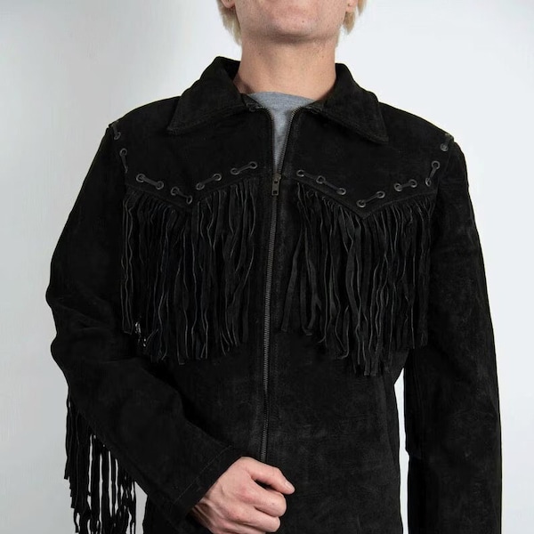 Schwarze Fransenjacke aus 100% Wildleder, Fransenjacke im Western-Stil, Cowboy-Jacke, Männer Fransenjacke, Geschenk für Ihn