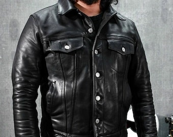 Men's Classic Trucker Jacket Black Western Style Real Leather Jacket / Men's Trucker Leather Shirt / Gift for Him