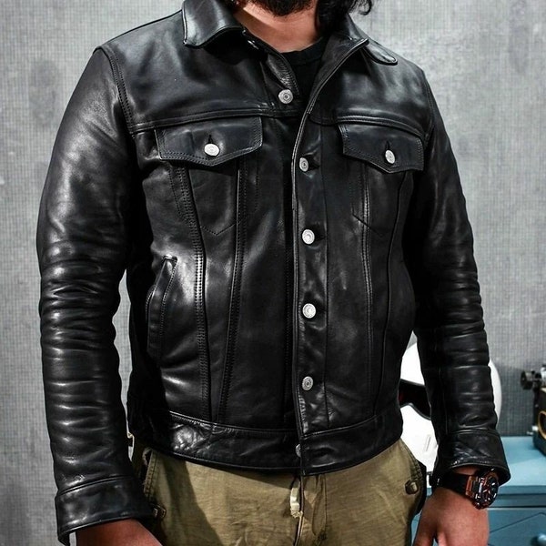 Blouson camionneur en cuir noir pour hommes : Cafe Racer en peau de mouton véritable