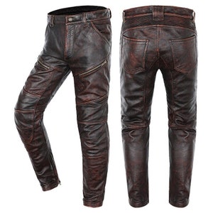 Vintage Brown Men Biker's Leather Trousers / Genuine Natural Cowhide ...