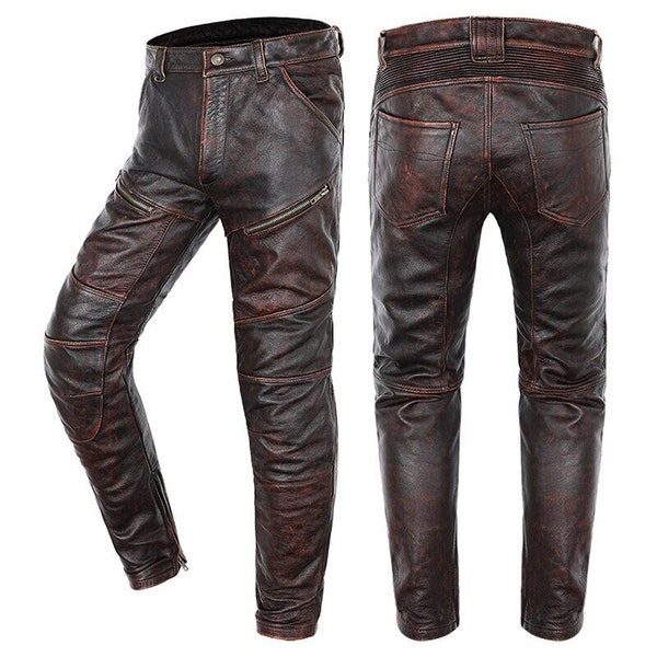 Vintage Braune Herren Biker-Lederhose / Slim Fit-Hose aus echtem natürlichem Rindsleder / Motorradhose / Geschenk für Ihn