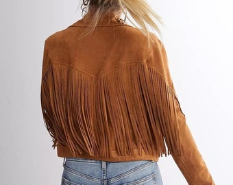 Women's Fringe Leather Jacket, Brown Suede Leather Jacket, Ladies Leather jacket, Fringe Jacket, Western Jacket/ Gift for her. Easter Gift