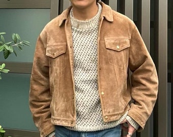 Mens Genuine Suede Leather Western Cowboy Shirt - Tan Trucker Jacket