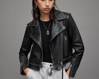 Mujer Moto Estilo Negro Chaqueta de cuero genuino Motocicleta Slim Fit Chaqueta motera Moda Damas Chaqueta Moda nova