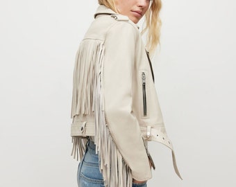 Women White Lambskin Genuine Leather Fringe Jacket, Midwest Western Style Fringed Jacket, Festival Jacket, Winter Jacket, Anniversary Gift