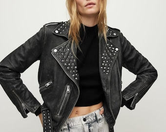 Womens Studded Leather Jacket Full Black Women Punk Silver Long Spiked Leather Brando Jacket, Magnificent Luxury Studded leather jacket