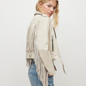 Women White Lambskin Genuine Leather Fringe Jacket, Midwest Western Style Fringed Jacket, Festival Jacket, Winter Jacket, Anniversary Gift image 1