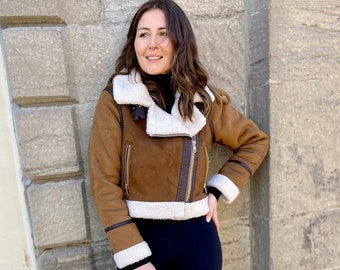 Women Shearling Pilot Faux Fur Aviator Brown Leather Jacket / - Etsy UK