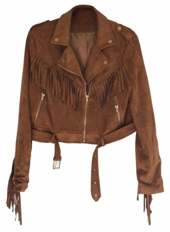 Brown Suede Button Up Fringe Jacket by Cedars