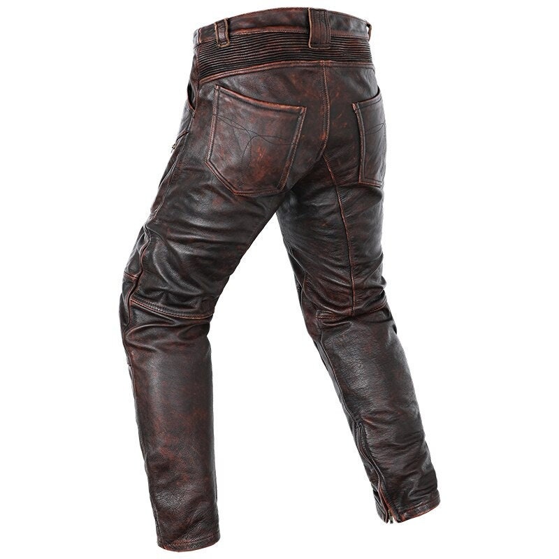 Vintage Brown Men Biker's Leather Trousers / Genuine Natural Cowhide ...