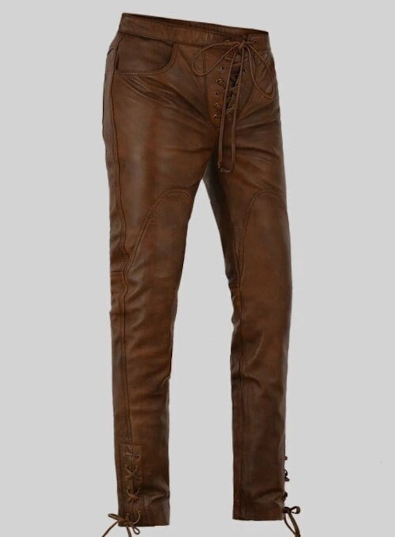 Vintage Brown Men Biker's Leather Trousers Genuine Natural
