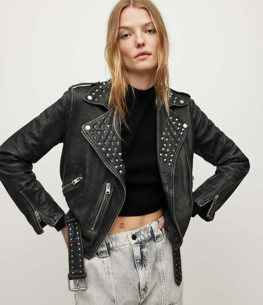 Womens Studded Leather Jacket Full Black Women Punk Silver