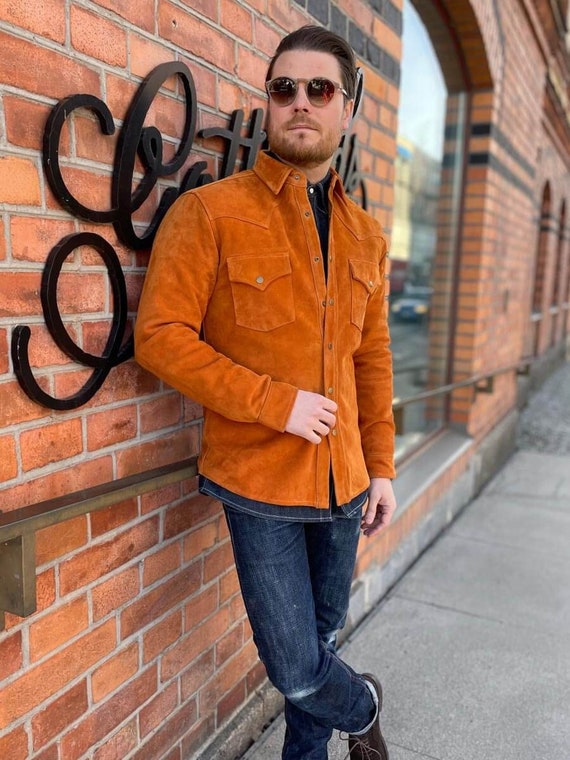 Men Suede Trucker Jacket, Real Suede Leather Scully Western Shirt