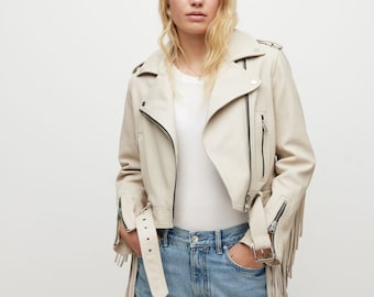 Women White Lambskin Genuine Leather Fringe Jacket, Midwest