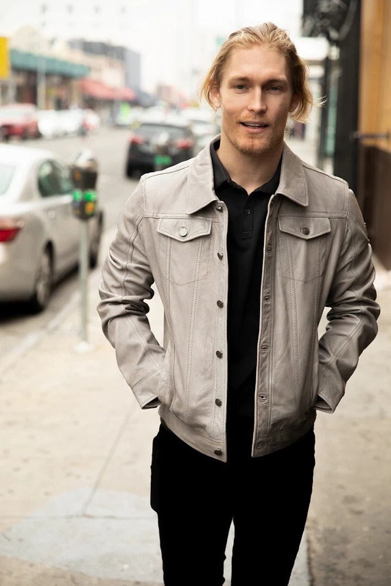 Mens white leather jacket online