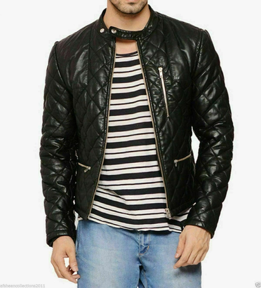 Men's Black Genuine Leather Quilted Biker Jacket, Men's Black Real