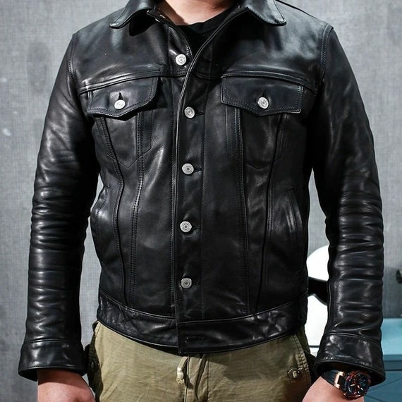 Men's Black Leather Trucker Jacket: Genuine Sheepskin Cafe Racer