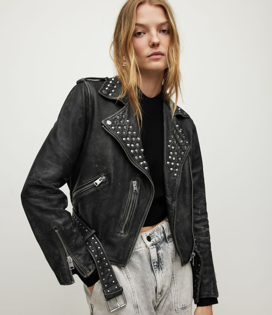 Womens Studded Leather Jacket Full Black Women Punk Silver - Etsy