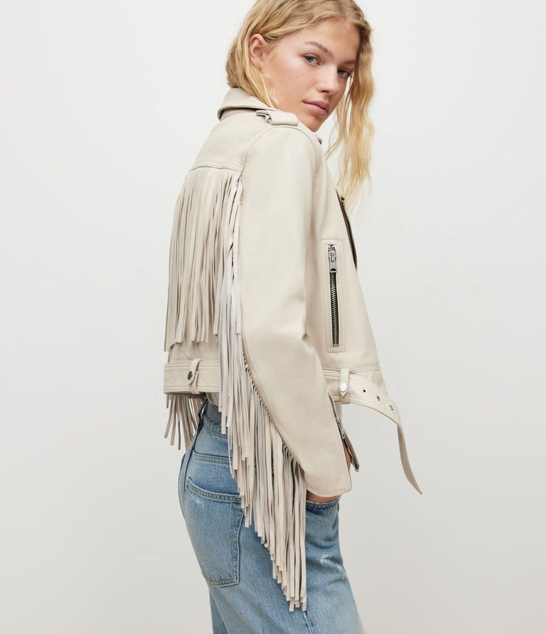 Women White Lambskin Genuine Leather Fringe Jacket, Midwest Western Style Fringed Jacket, Festival Jacket, Winter Jacket, Anniversary Gift image 1