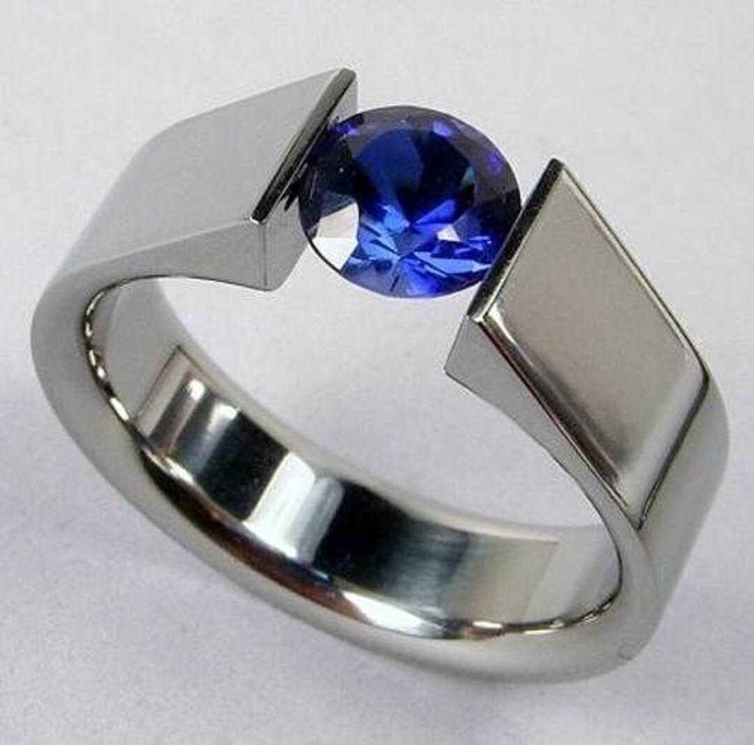 Mens Sapphire Ring, Round Cut Sapphire Ring, Mens Tension Set Ring, 1.