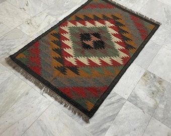 Indian Rug, Navajo Kilim Rug, Handmade Wool Jute Rug, Living/Dinning Room 4x6 ft navajo