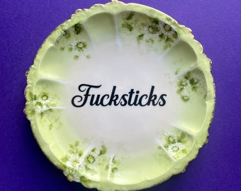 Fucksticks Plate, Vintage China, Inappropriate Gift For Friend, Rude Plate Profanity, Funny Housewarming Gift