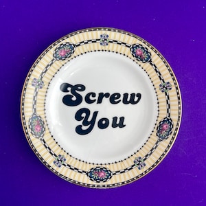 Screw You Mini Plate, Vintage Upcycled, Quote plate, Funny Friends Gift, Rude China, Offensive present for friend, Gallery Wall