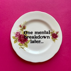 May include: A white ceramic plate with a scalloped edge featuring a floral design of pink and red roses with green leaves on the left and right sides. The center of the plate displays the black text: One mental breakdown later...