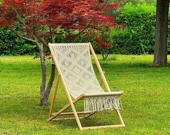 Milky White Macrame Handmade Deck Chair. Sun Lounger.