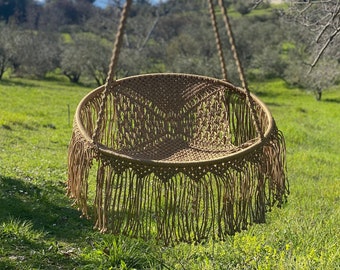 Beige Hammock Swing Chair, Handmade Cozy Lounge Macrame Outdoor Hanging Chair
