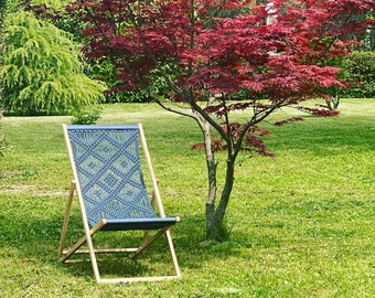 Blue Macrame Handmade Deck Chair. Sun Lounger.