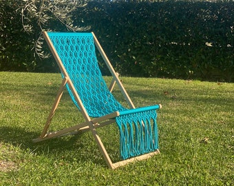Turquoise Oriental Macrame Handmade Folding Deck Chair