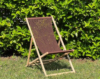 Brown Macrame Handmade Deck Chair. Folding Sun Lounger.