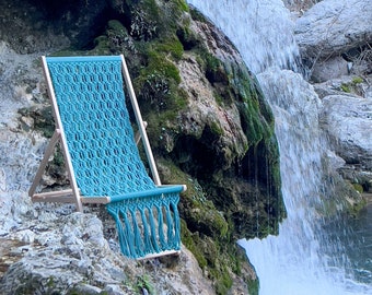 Turquoise Oriental Macrame Handmade Folding Deck Chair