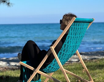 Turquoise Oriental Macrame Handmade Folding Deck Chair, Outdoor Lounger