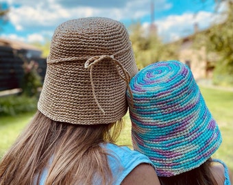 Handmade Raffia Bucket Hat, Straw Crochet Panama