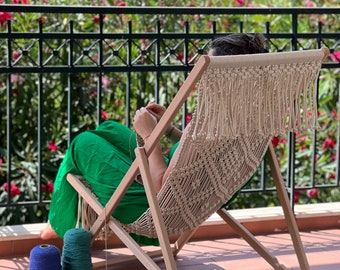 Macrame Handmade Deck Chair. Folding Sun Lounger. Sun Bed