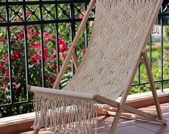 Macrame Handmade Deck Chair. Folding Sun Lounger. Sun Bed