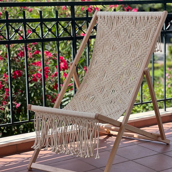 Transat en macramé fait main. Chaise longue pliante. Chaise longue