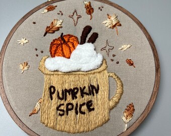 Pumpkin Spice Latte Embroidery by hand embroidered ready in embroidery frame