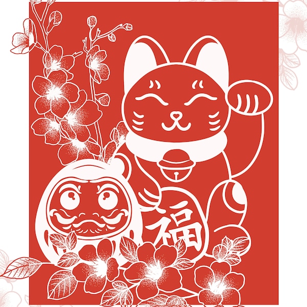 Maneki Neko, Daruma Illustration Kunstdruck A4, Winkekatze