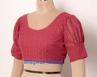 Handmade Chickenkari Embroidery Blouse, U-nack Back open Georgette Puff short sleeves blouse!!